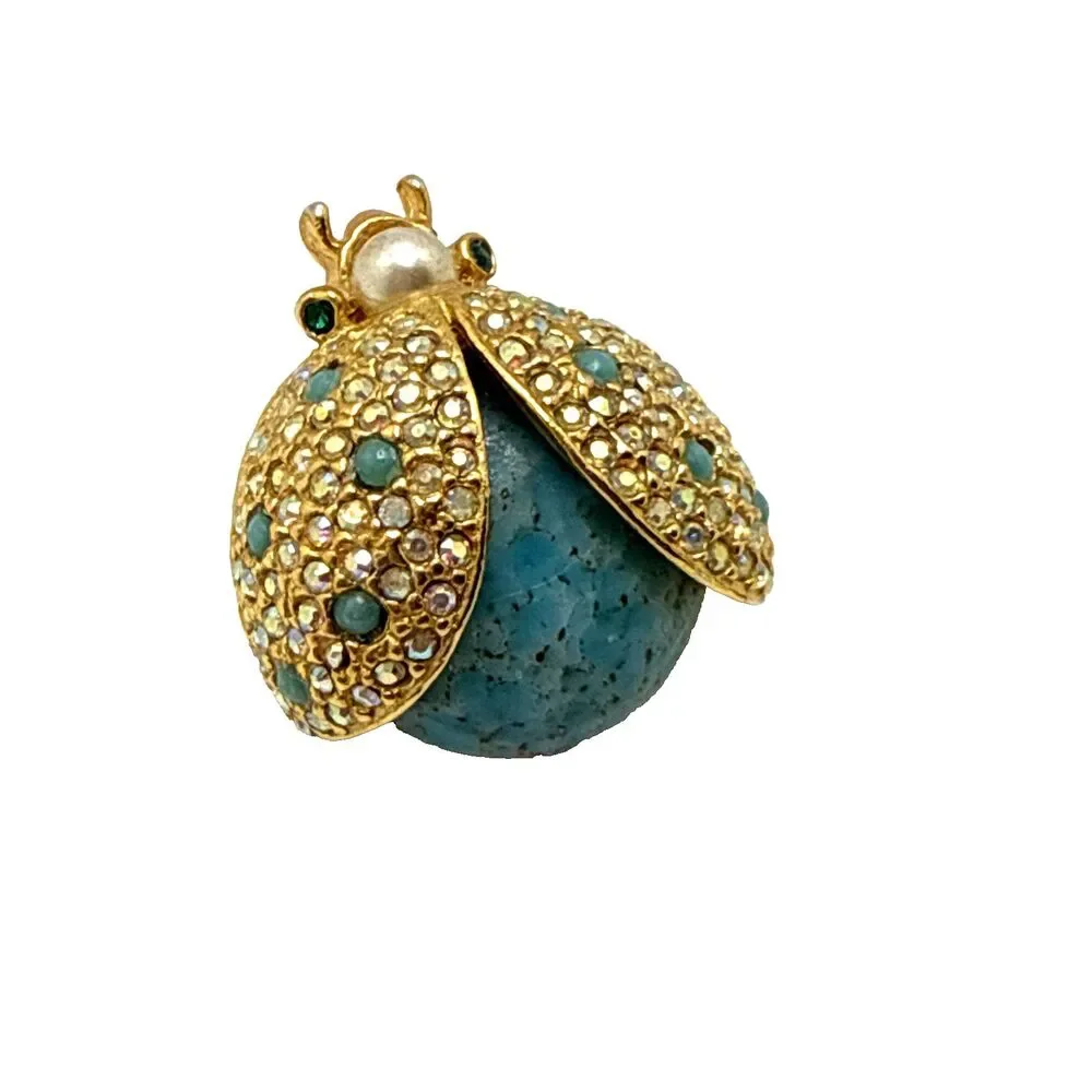 Vintage Unsigned Hattie Carnegie Ladybug Brooch Gold Tone Blue Body Beetle 1.25